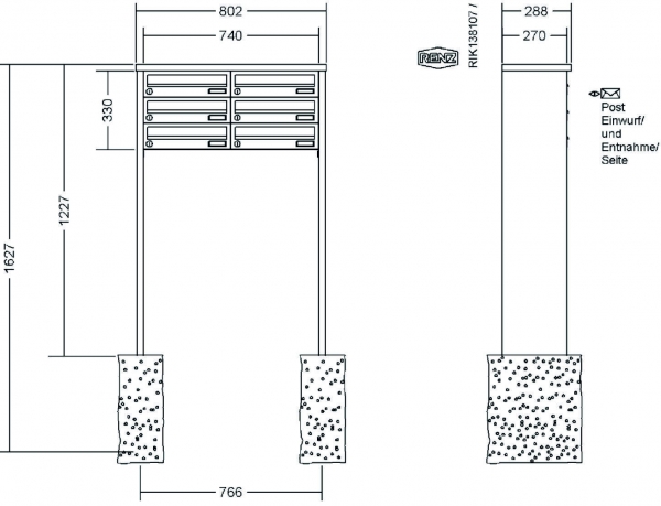 RENZ Briefkastenanlage freistehend, Tetro, Kastenformat 370x110x270mm, 6-teilig, zum Einbetonieren